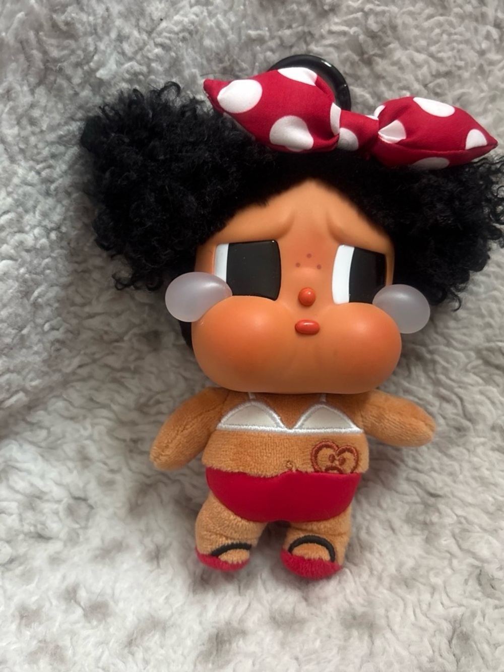 Plush Crying Doll Keychain with Red Polka Dot Bow - Cute Brown & Orange Toy